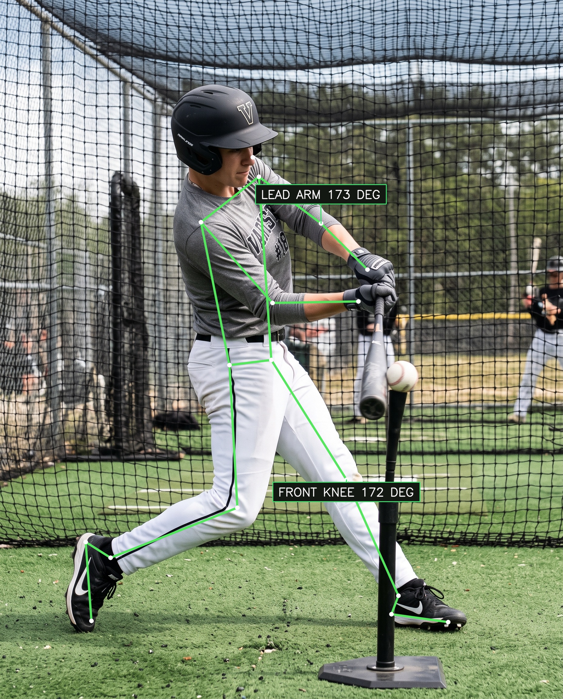 Annotated swing frame with tracked skeleton and joint angles