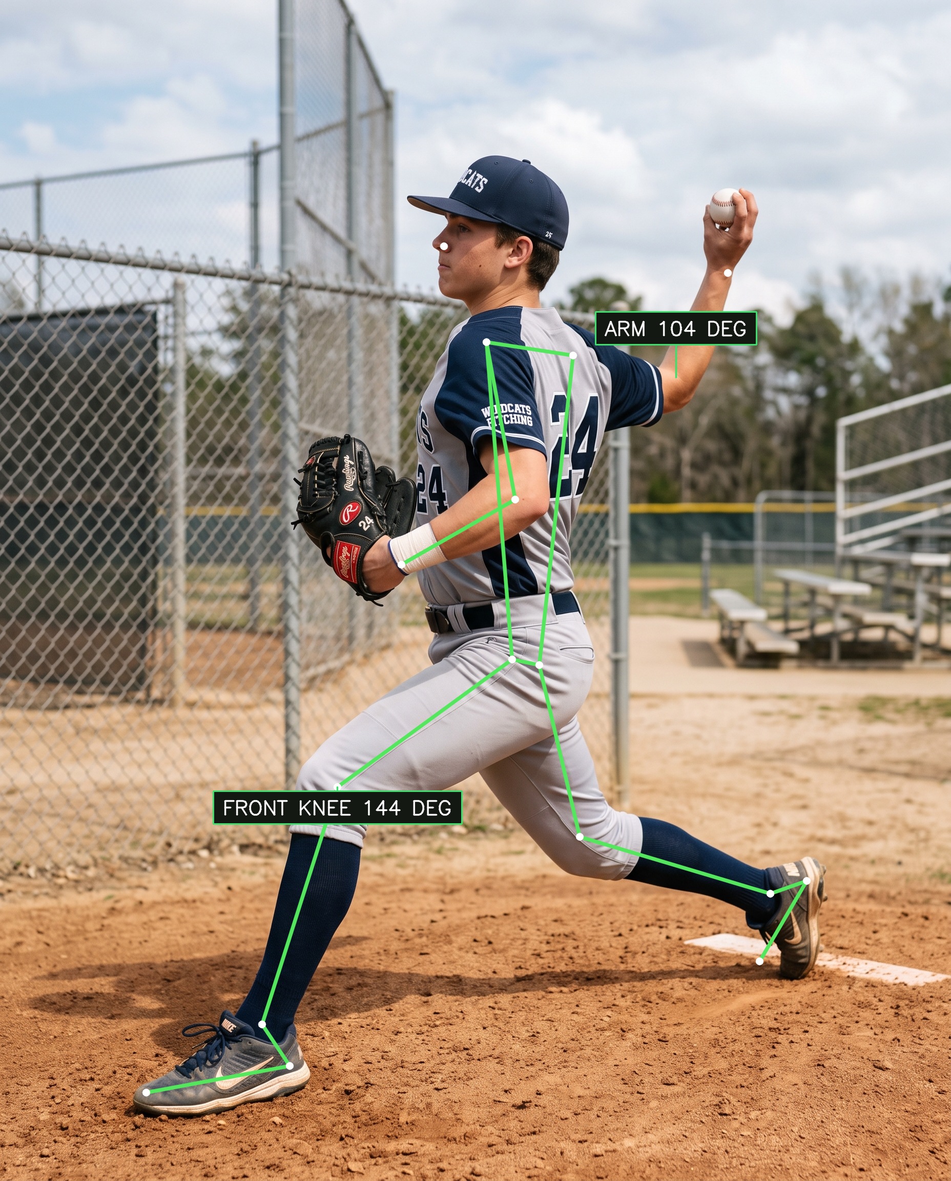 Annotated pitching frame with tracked skeleton and joint angles